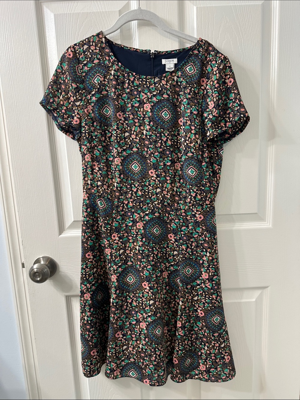 J. Crew Navy Floral A-Line Midi Dress with Pink & Teal Accents Size 2.